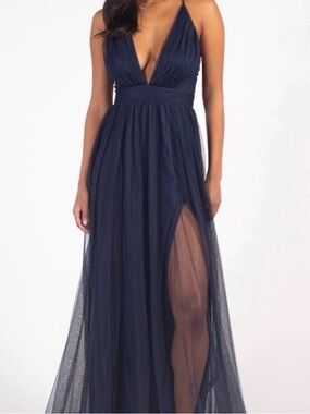 Luxxel Deep Navy Plunge Tulle Maxi Dress